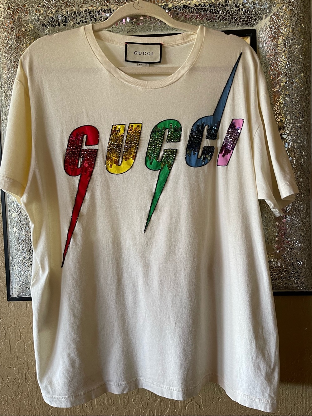 AUTHENTIC GUCCI SPARKLE Rainbow Logo Lightning Bolt Graphic Tee, S (21” Pit2Pit)